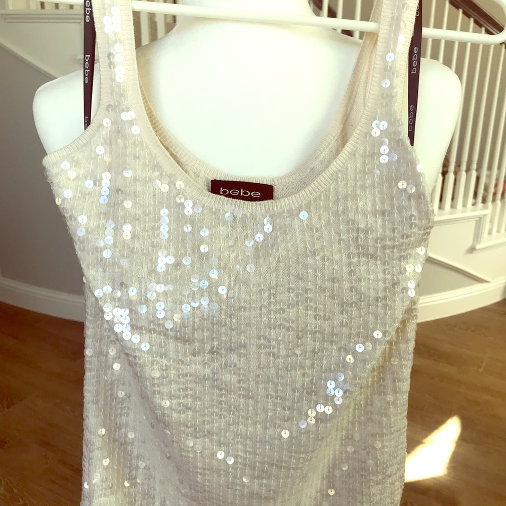 bebe Sequined Cream Knit Tank Top